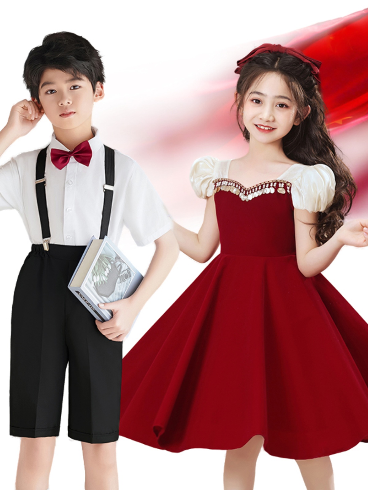 六一儿童合唱演出服诗歌朗诵演讲比赛主持礼服男女歌唱祖国中国红