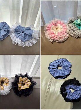 蕾丝纱花边黄色蓝色格纹发圈韩国芭蕾甜美小众潮网红田园风大肠圈