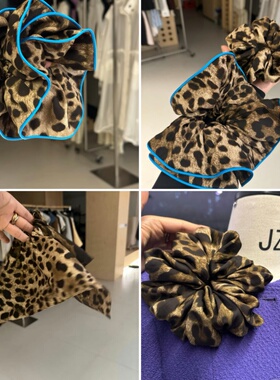 豹纹大发圈蓝色包边小蛮腰大号方巾方形丸子头花麂皮双色拼接发圈