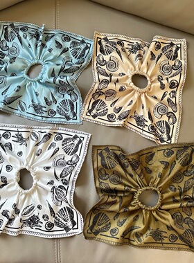 刘亦菲款海洋印花丝巾发圈贻贝海湾度假风方形发圈飘带发绳发圈女