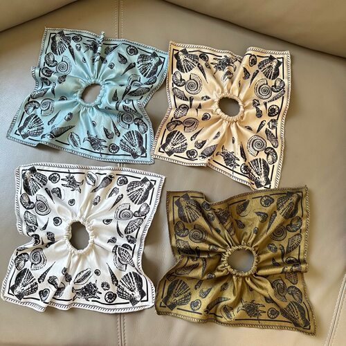 刘亦菲款海洋印花丝巾发圈贻贝海湾度假风方形发圈飘带发绳发圈女