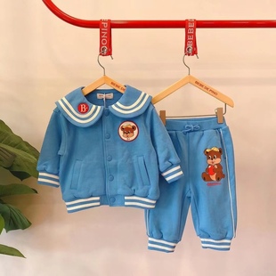 子幼儿园套装 现货 韩国童装 婴儿宝宝男女童蓝色小绿熊运动外套裤