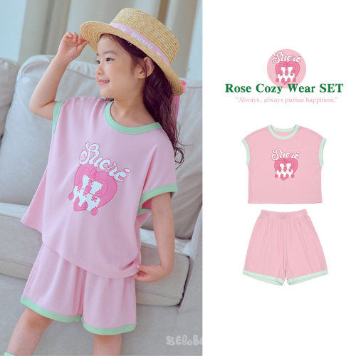 现货！BE26夏季女童家居服中小童卡通玫瑰字母印花背心短裤套装