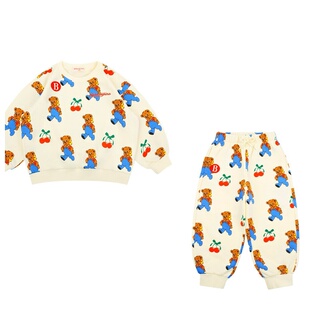 年后发!韩国童装婴儿宝宝男女童满印米色小熊卫衣卫裤运动套装