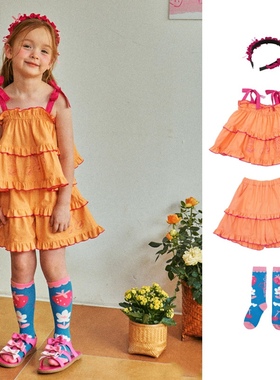 韩国童装ins风婴儿宝宝男女童橙色夏季度假风吊带上衣短裤套装