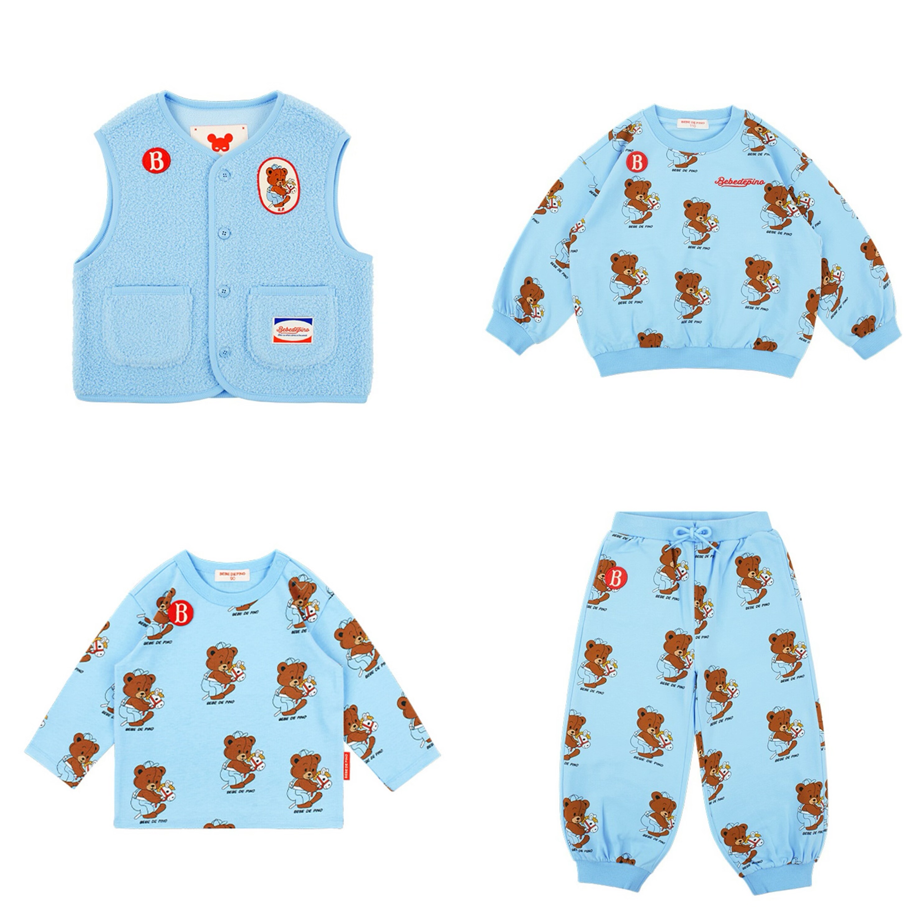 加绒!儿童套装男女童宝宝秋冬蓝色小熊马甲卫衣卫裤运动套装