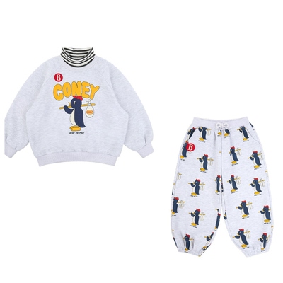 加绒！ins风婴儿宝宝男女童灰色企鹅卫衣卫裤套装