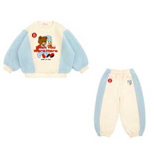 加绒!现货!婴儿宝宝男女童小熊羊羔毛拼接毛绒卫衣卫裤套装