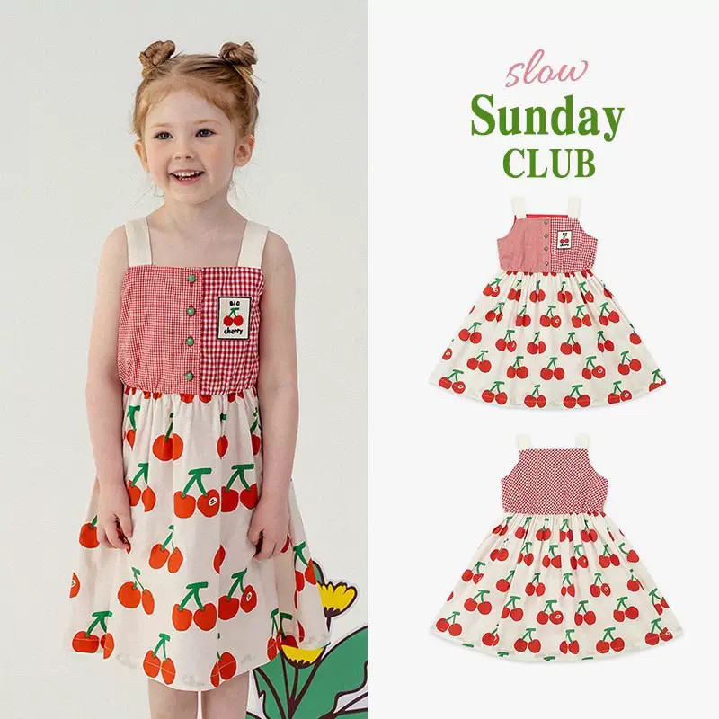 现货！韩国童装女童夏季樱桃印花吊带连衣裙儿童休闲裙子