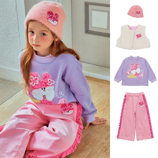 现货！婴儿宝宝女童紫色粉色绒绒兔加绒卫衣裤子套装