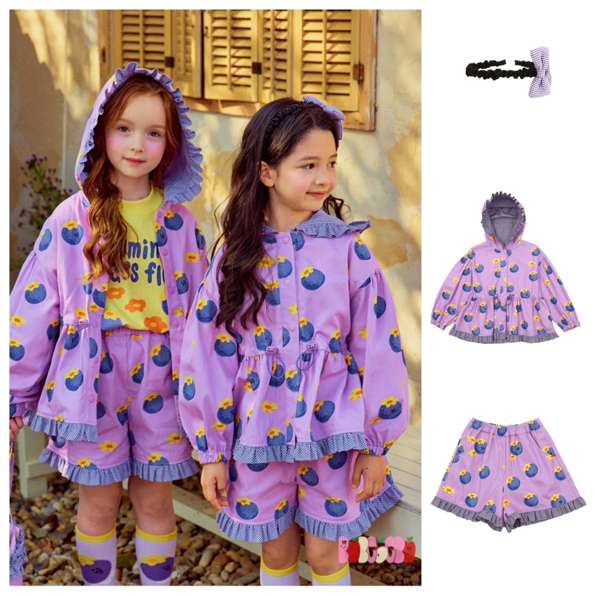 现货！韩蓝莓春秋幼儿园男女童黄色紫色T恤卫衣外套短裤运动套装