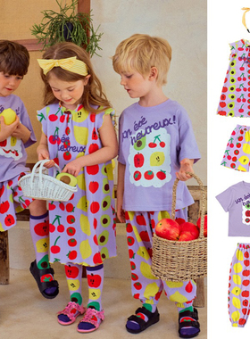 现货！男女童紫色水果短袖T恤短裤防蚊裤连衣裙兄弟姐妹套装