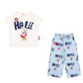 幼儿园套装 现货 T恤蓝色满印长裤 男女童白色小鸭子短袖 韩国童装