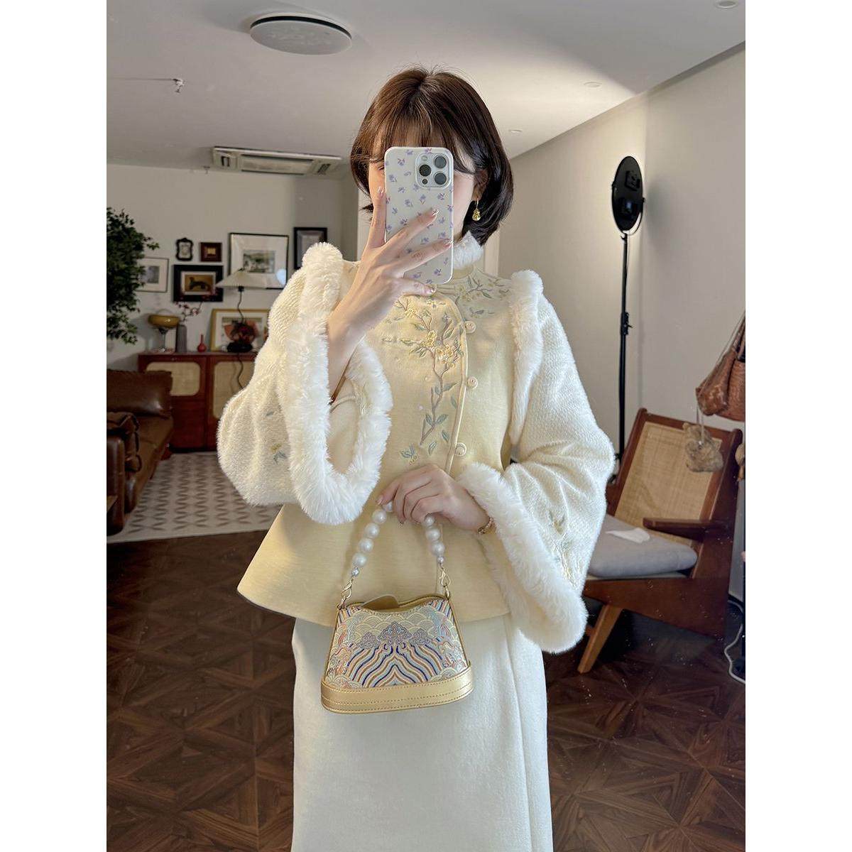 新款旗袍新中式国风复古风假两件桂花上衣半身裙子拜年服两件套装