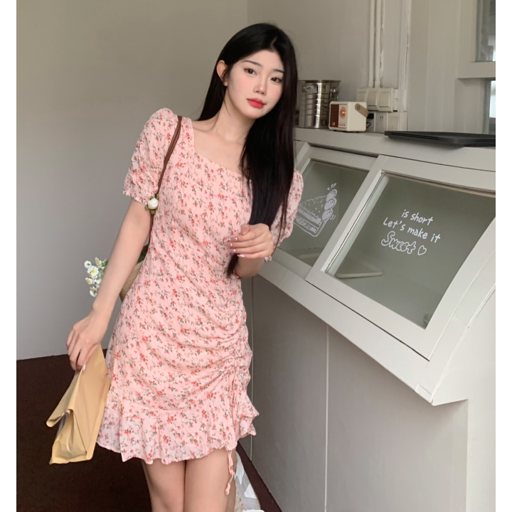 实拍夏装大码女装碎花胖mm甜美方领收腰显瘦仙女连衣裙M-4XL200斤