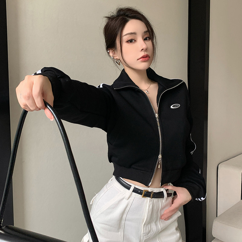 实拍春秋短款辣妹设计感拉链卫衣外套美式杠条休闲宽松百搭上衣女