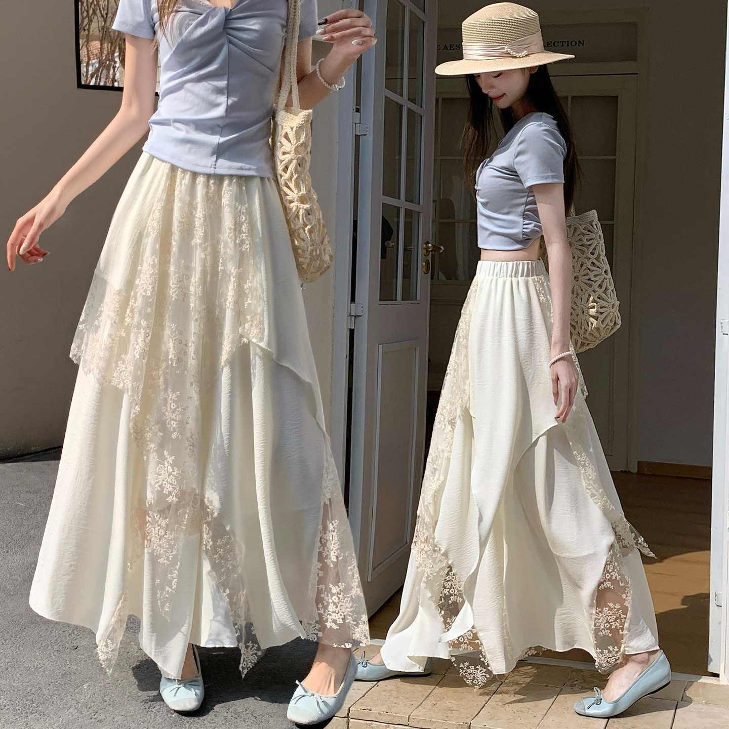 白色半身裙重工不规则蕾丝花边蛋糕裙春季女大码设计感a字超长裙