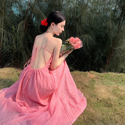 实拍ilessisWANG显白浅桃粉纯色大摆露仙女背系带连衣裙