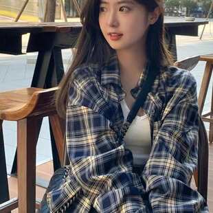 女慵懒风复古宽松衬衣开衫 格子衬衫 外套上衣跨境 原版 外贸爆款