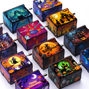新款境外热卖万圣节系列艺术六面彩绘手摇式音乐盒精品节日礼物