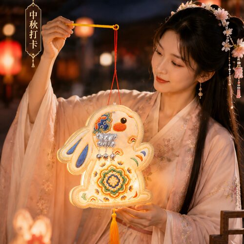 2026中秋节手提发光灯笼儿童兔子花灯手工diy工具包古风拍照道具
