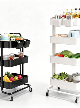 4-Tier Plastic Rolling Utility Cart Storage Trolley, Kitchen