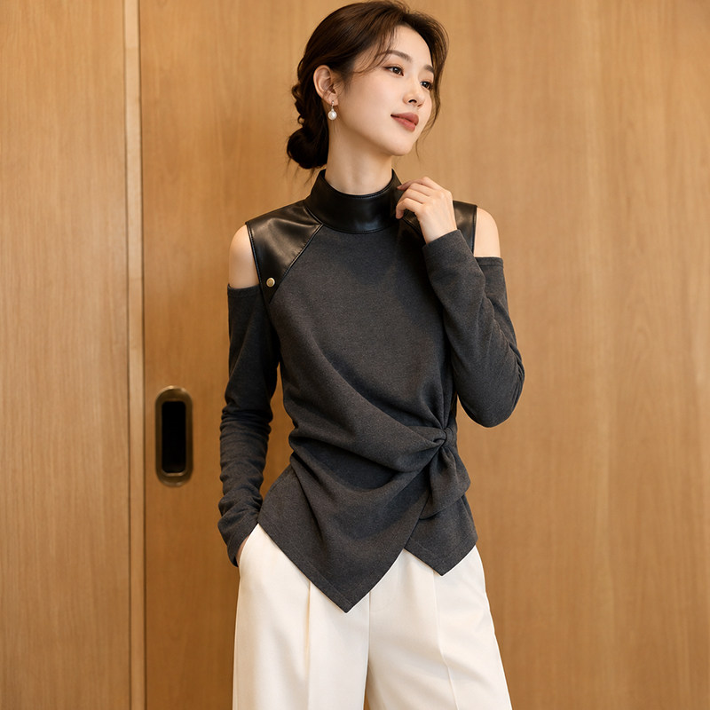 韩版立领露肩扭结长袖T恤女