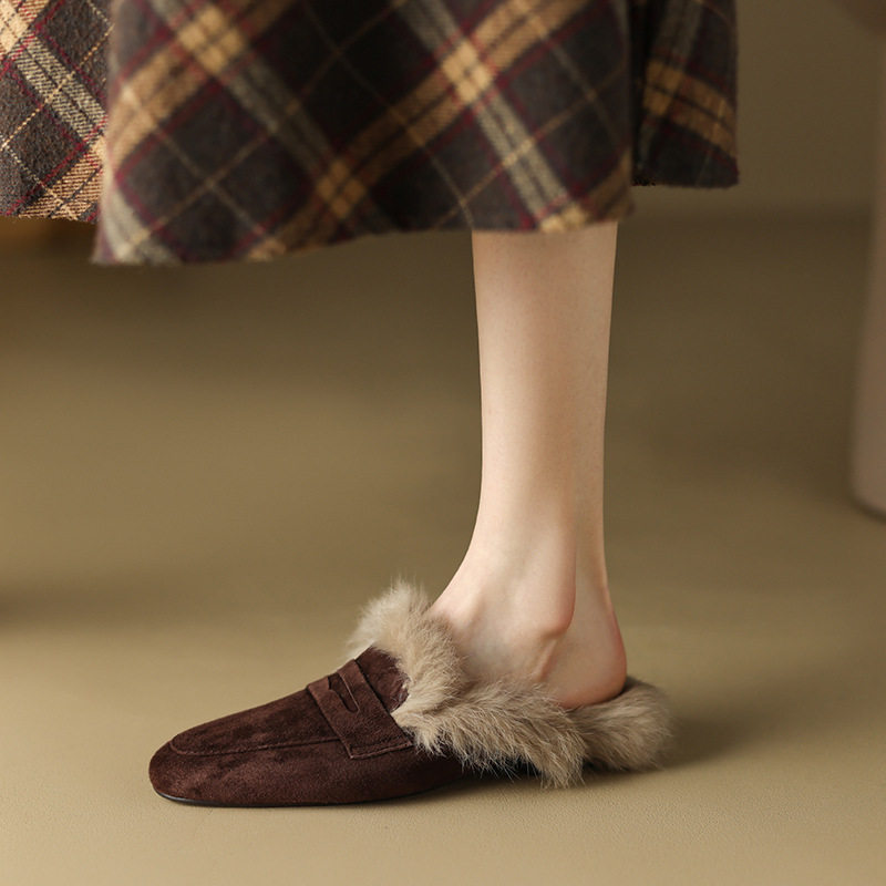 毛毛拖鞋女外穿乐福鞋懒人半拖鞋法式真皮穆勒鞋冬季百搭单鞋大码