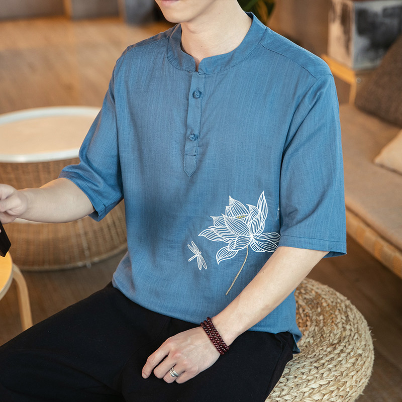 春夏风大码T恤竹节棉麻短袖荷花刺绣五分袖盘扣半袖T512,男装T恤,电商A021A