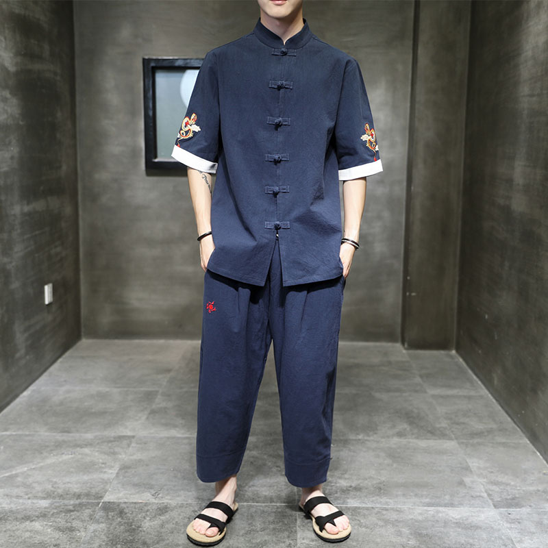 夏装新款衬衫T恤套装风大码神龙刺绣棉麻盘扣九分裤TZ83,男装休闲套装,电商A021A
