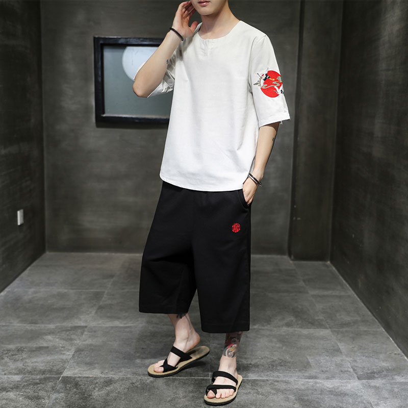 春夏现货风大码休闲原创仙鹤刺绣半袖透气五分袖套装TZ81,男装休闲套装,电商A021A