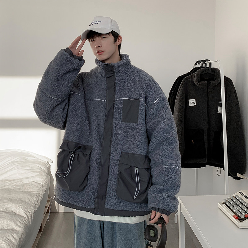 @港风棉服冬季新款反光条羊羔毛棉衣加厚潮外套MY89图片