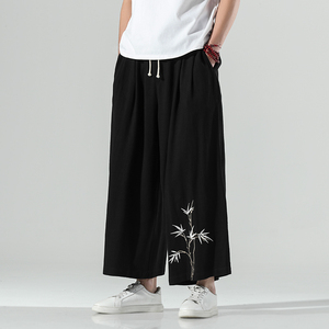 夏季新薄款风君子竹刺绣阔腿裤大码亚麻汉服宽松长裤C图片