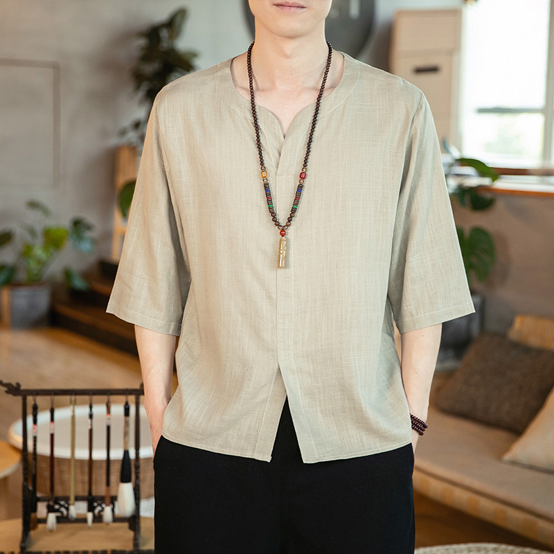 春夏新款竹节棉麻纯色休闲宽松七分袖风大码百搭T恤T734,男装T恤,电商A021A