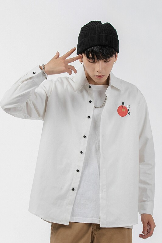 日系无影墙新海浪男士衬衫仙鹤刺绣海浪印花长袖休闲上衣CS63,男装衬衫,电商A021A