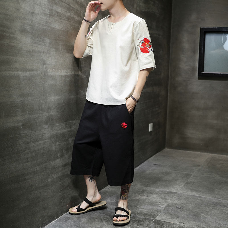 春夏现货风亚麻大码休闲原创仙鹤刺绣透气五分袖套装TZ81,男装休闲套装,电商A021A
