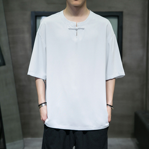 夏季纯色百搭简单冰丝短袖垂感风圆领宽松T恤五分袖TX66P45,男装T恤,电商A021A