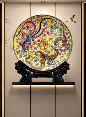 陶瓷器龙凤呈祥赏盘摆件景德镇挂盘龙盘玄关博古架客厅装饰龙图案