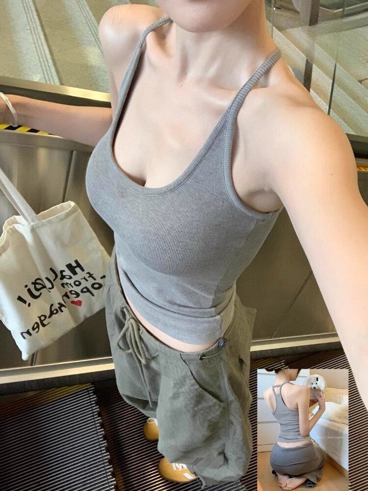 美式灰色吊带背心女夏季防走光遮副乳打底内搭带胸垫外穿美背上衣
