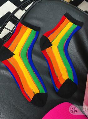 niss26 韩国ins原宿夏季网纱玻璃丝糖果彩虹竖条纹拼色短筒袜子女