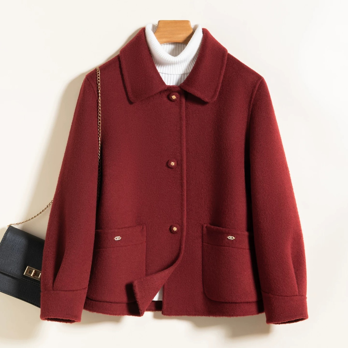 洋气妈妈秋冬装羊毛呢外套短款50岁中老年女气质大码双面羊绒大衣