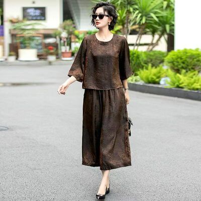 浮光锦夏季新款宽松阔腿裤妈妈装套装薄中老年女装七分袖大码上衣