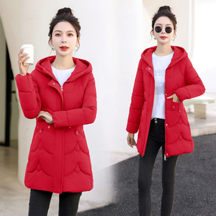 2024冬季新款羽绒棉衣女修身显瘦带帽中长款加厚保暖棉袄棉服外套