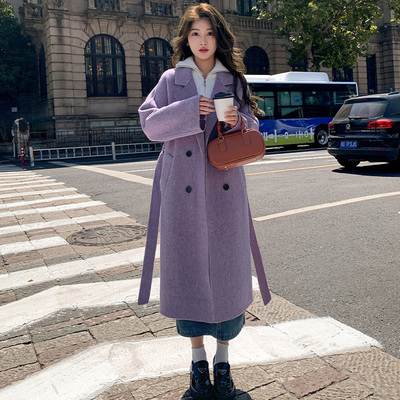 紫色双面羊绒呢大衣2023年秋冬新款韩版宽松中长款系带毛呢外套女