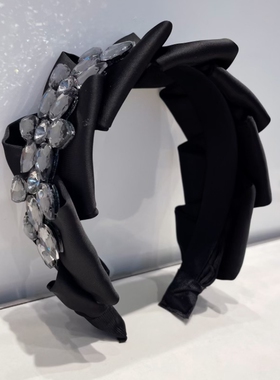 黑色超宽水晶褶皱发箍韩国高级感蝴蝶结头箍女重工高颅顶发捆头饰