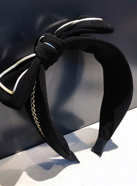 韩国东大门成人发饰黑色蝴蝶结发箍链条时尚百搭外出宽边头箍头饰