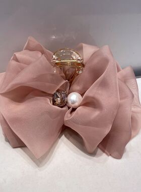 温柔粉色云朵抓夹2024新款高级感黑色欧根纱蝴蝶结发夹发抓夹镶钻