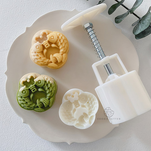 63g吉祥双鲤绿豆糕点模具连鲤双鱼中秋节日烘焙月饼模具面团按压 - 封面