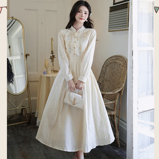 苏浅慕颜温柔少女甜美初恋棉布绣花连衣裙春秋文艺森女桔梗中长裙