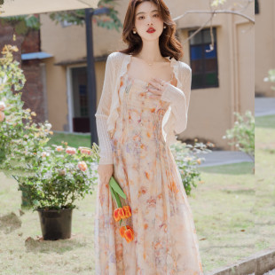 云南三亚旅游雪纺碎花吊带连衣裙夏季 女超仙温柔女神大摆度假长裙